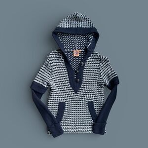 Tory Burch Navy & White Leather Button Wool Hooded Sweater, sz Small